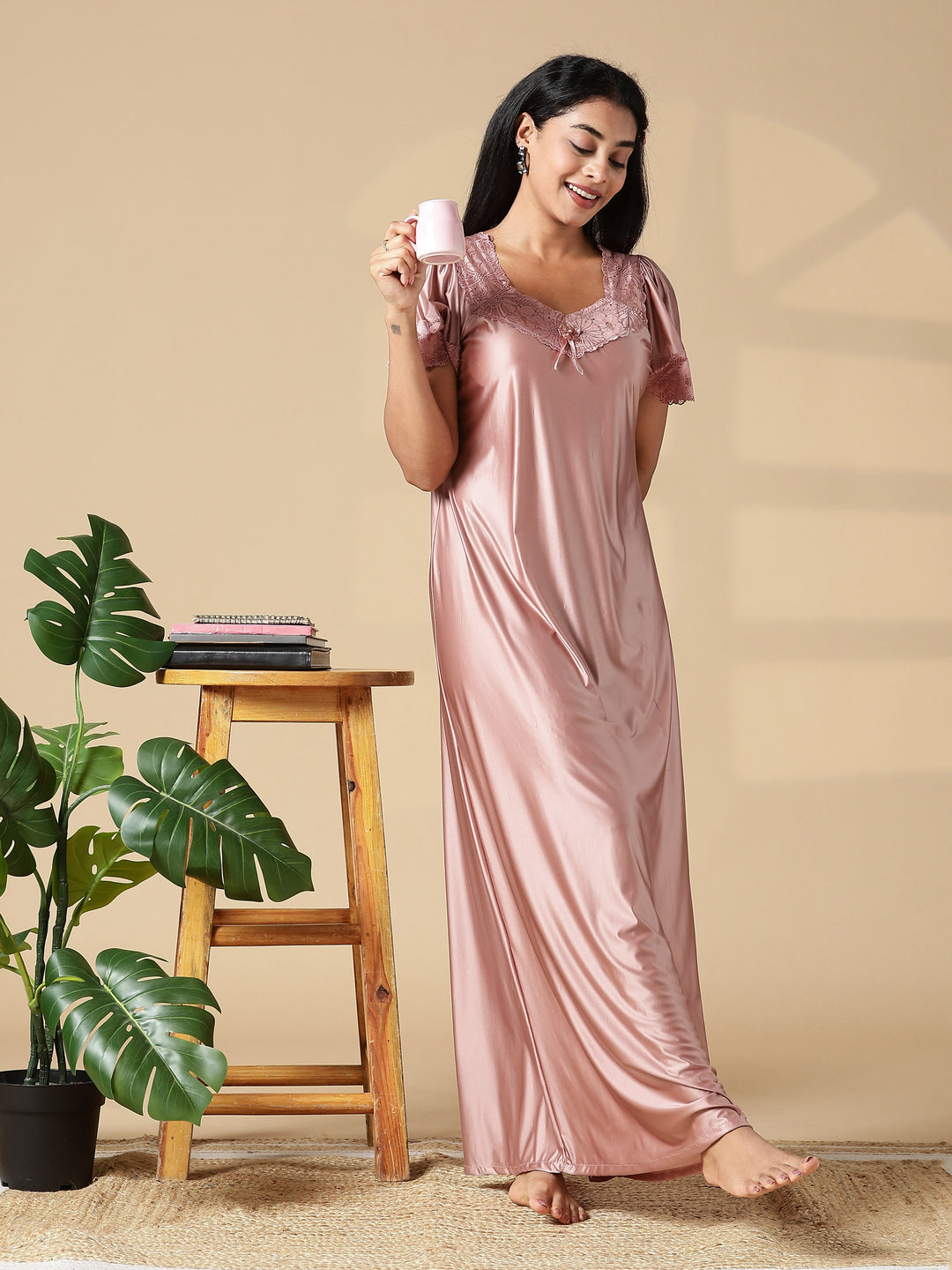 Blush Pink Branded Women Satin Nighty With Lace Finish