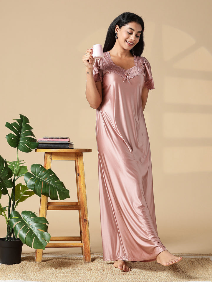 Blush Pink Branded Women Satin Nighty With Lace Finish