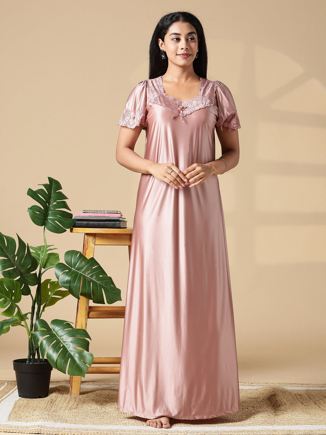 Blush Pink Branded Women Satin Nighty With Lace Finish