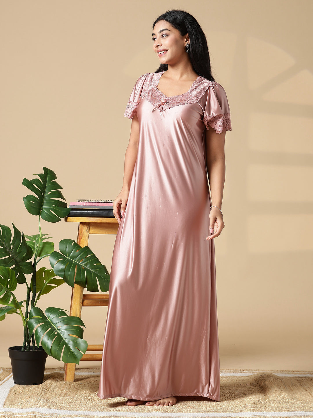 Blush Pink Branded Women Satin Nighty With Lace Finish