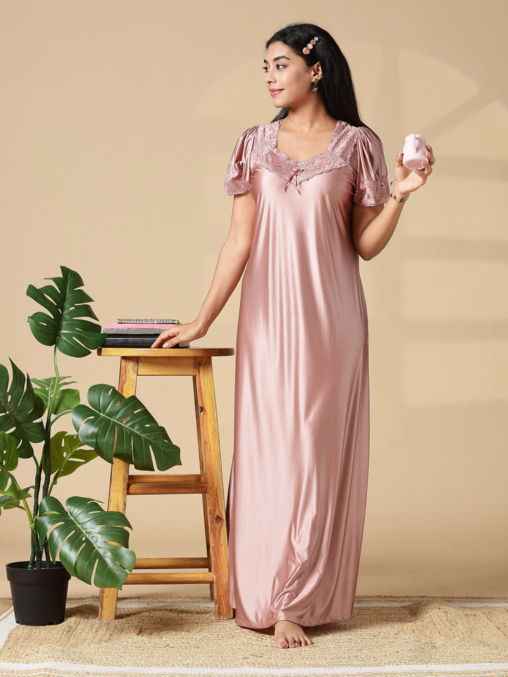 Blush Pink Branded Women Satin Nighty With Lace Finish