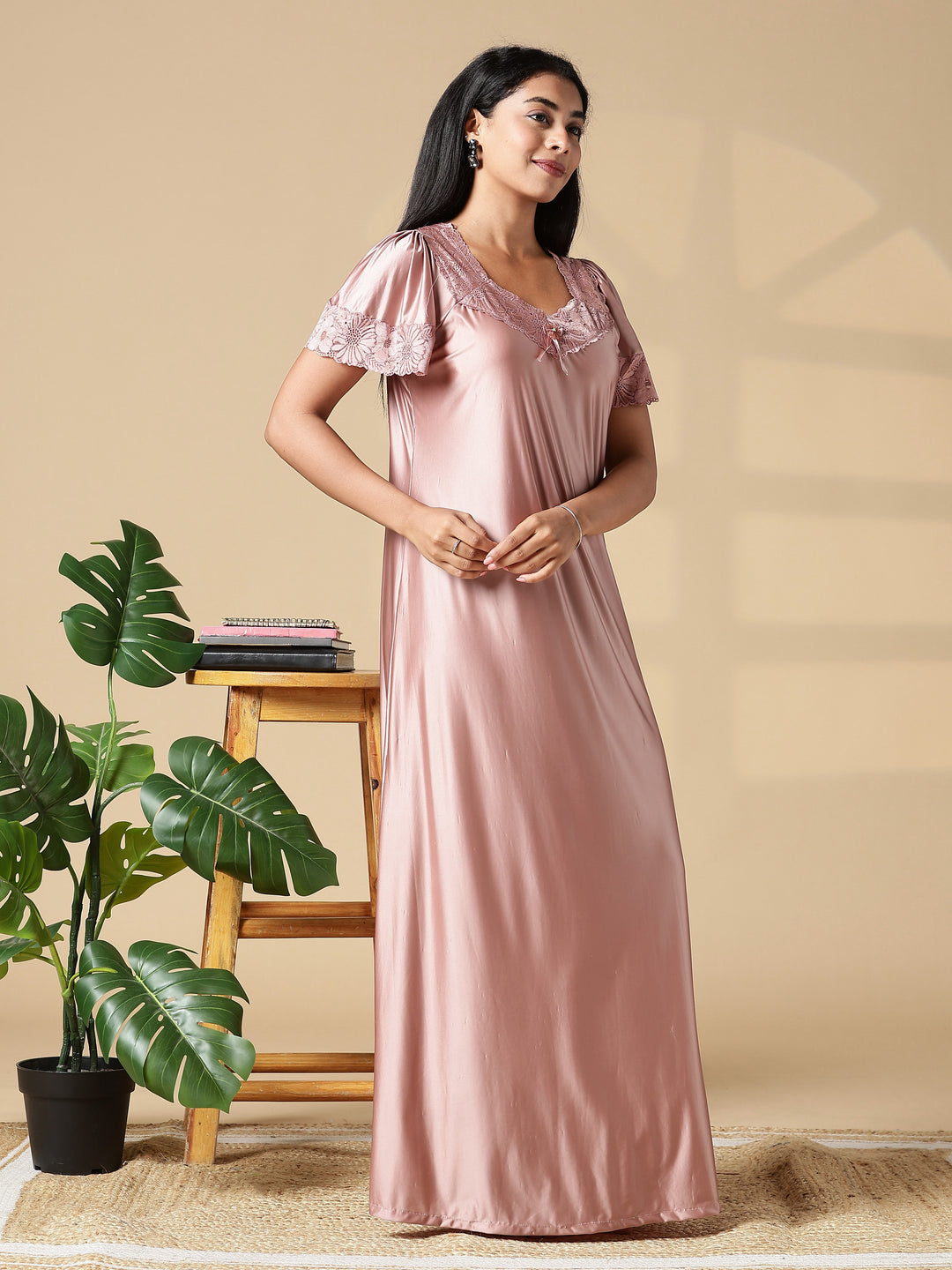 Blush Pink Branded Women Satin Nighty With Lace Finish