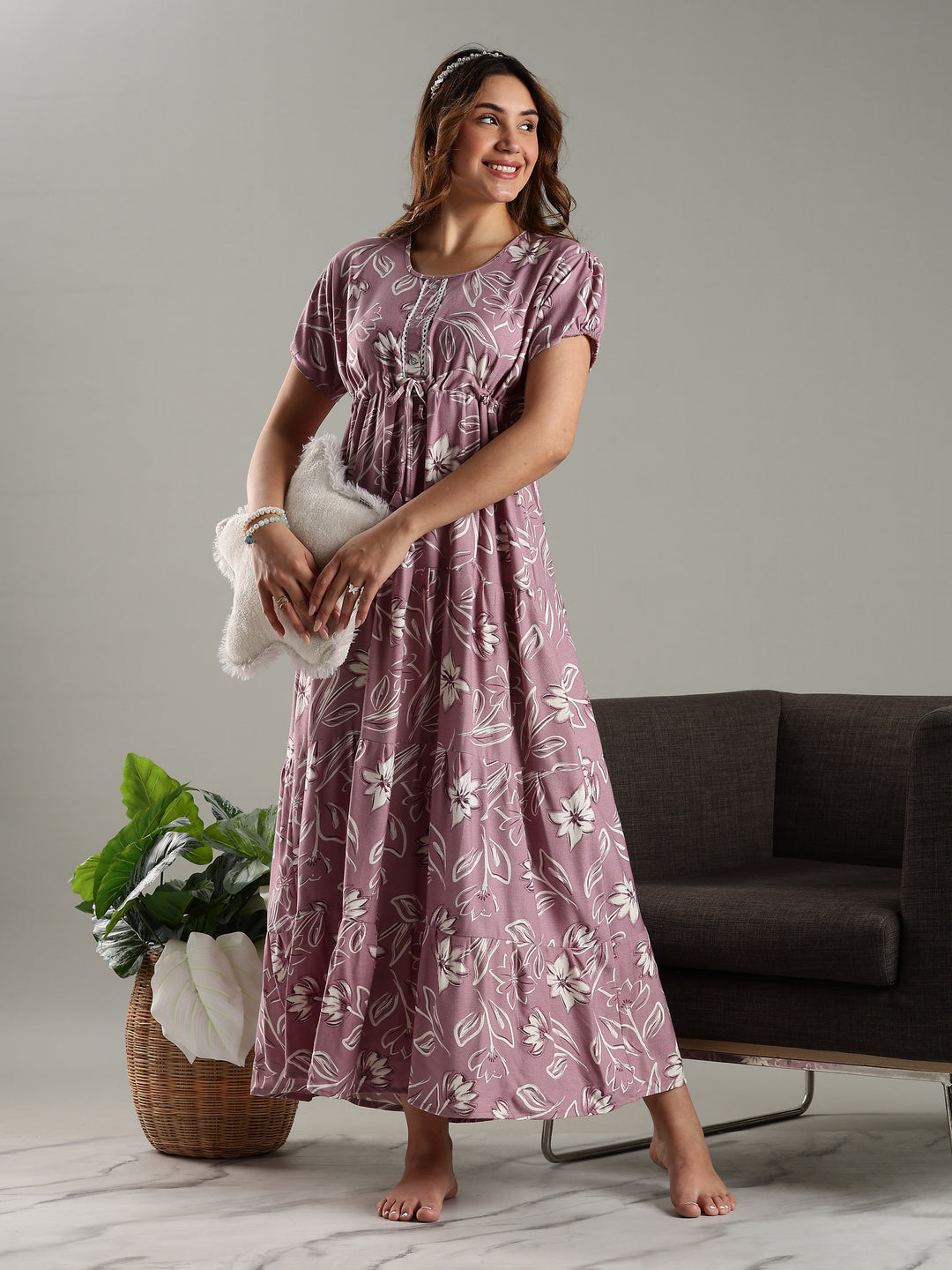 Blush Purple Floral Frock Type Nighty for Women