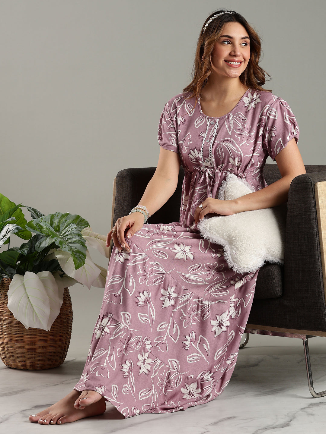 Blush Purple Floral Frock Type Nighty for Women