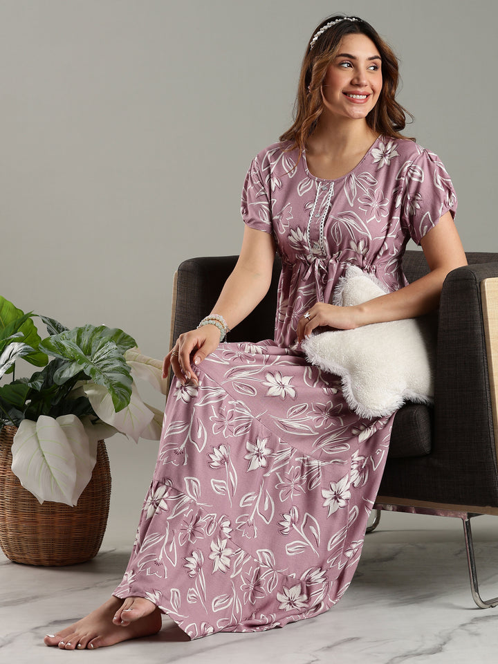 Blush Purple Floral Frock Type Nighty for Women