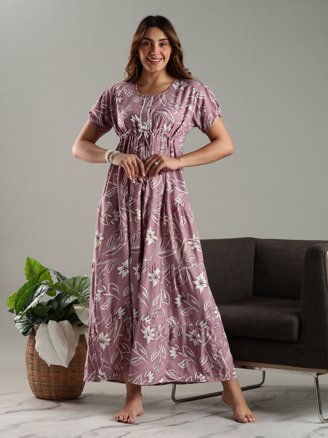 Blush Purple Floral Frock Type Nighty for Women