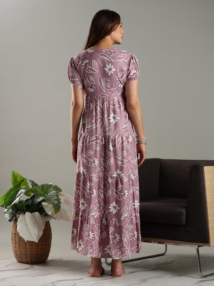 Blush Purple Floral Frock Type Nighty for Women