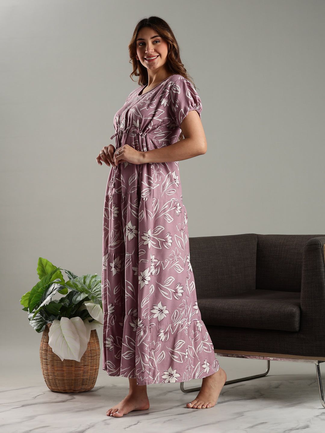 Blush Purple Floral Frock Type Nighty for Women