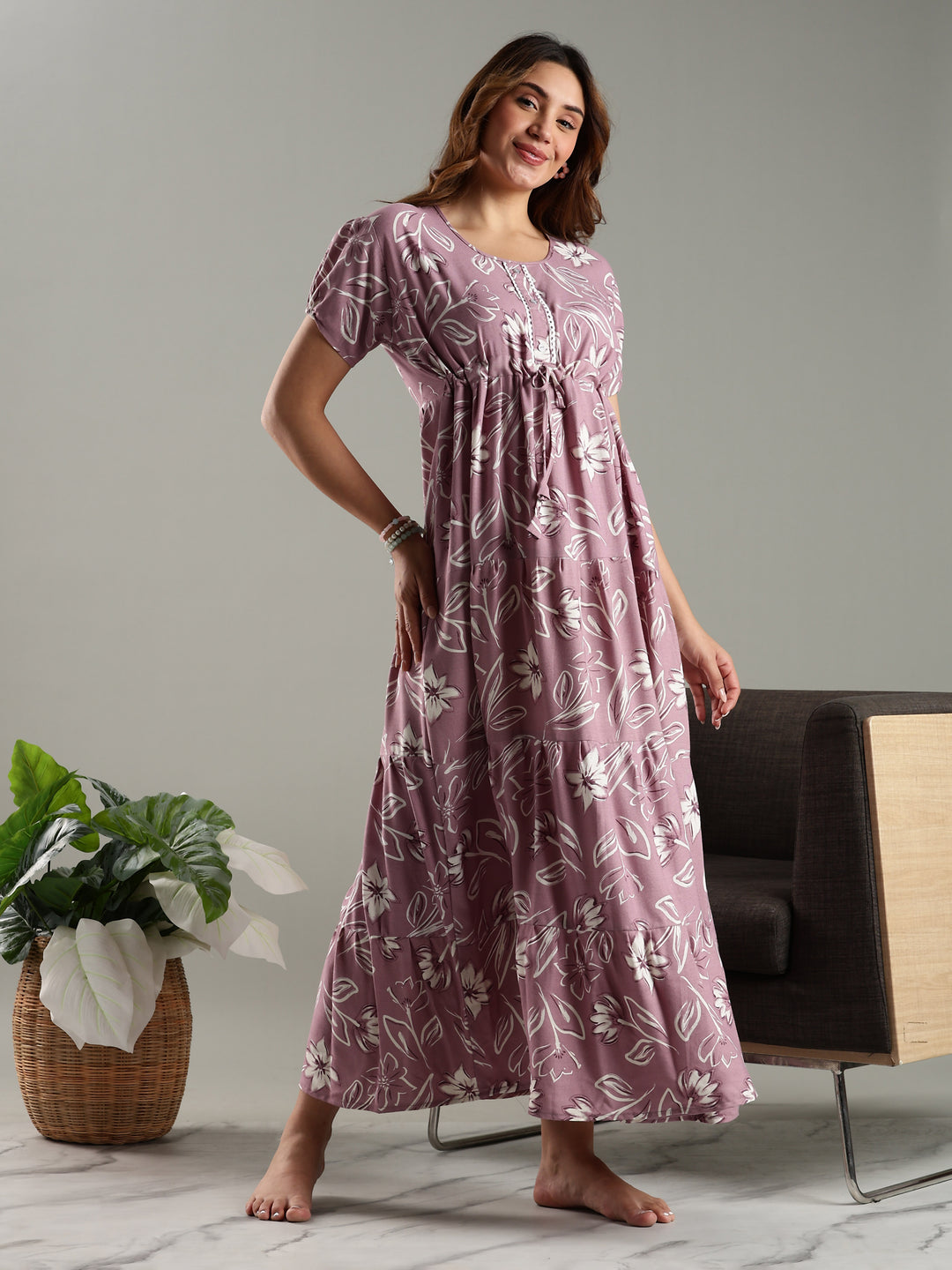 Blush Purple Floral Frock Type Nighty for Women