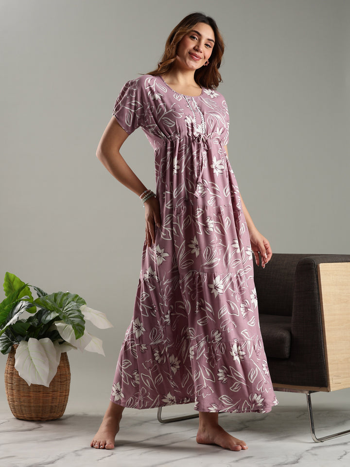 Blush Purple Floral Frock Type Nighty for Women