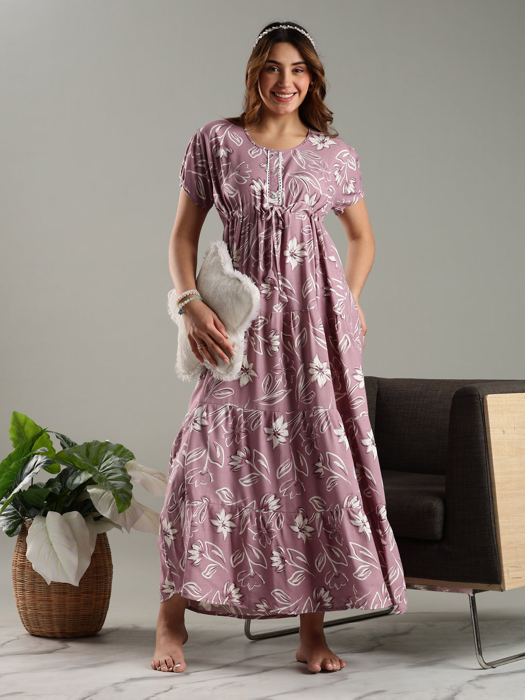 Blush Purple Floral Frock Type Nighty for Women