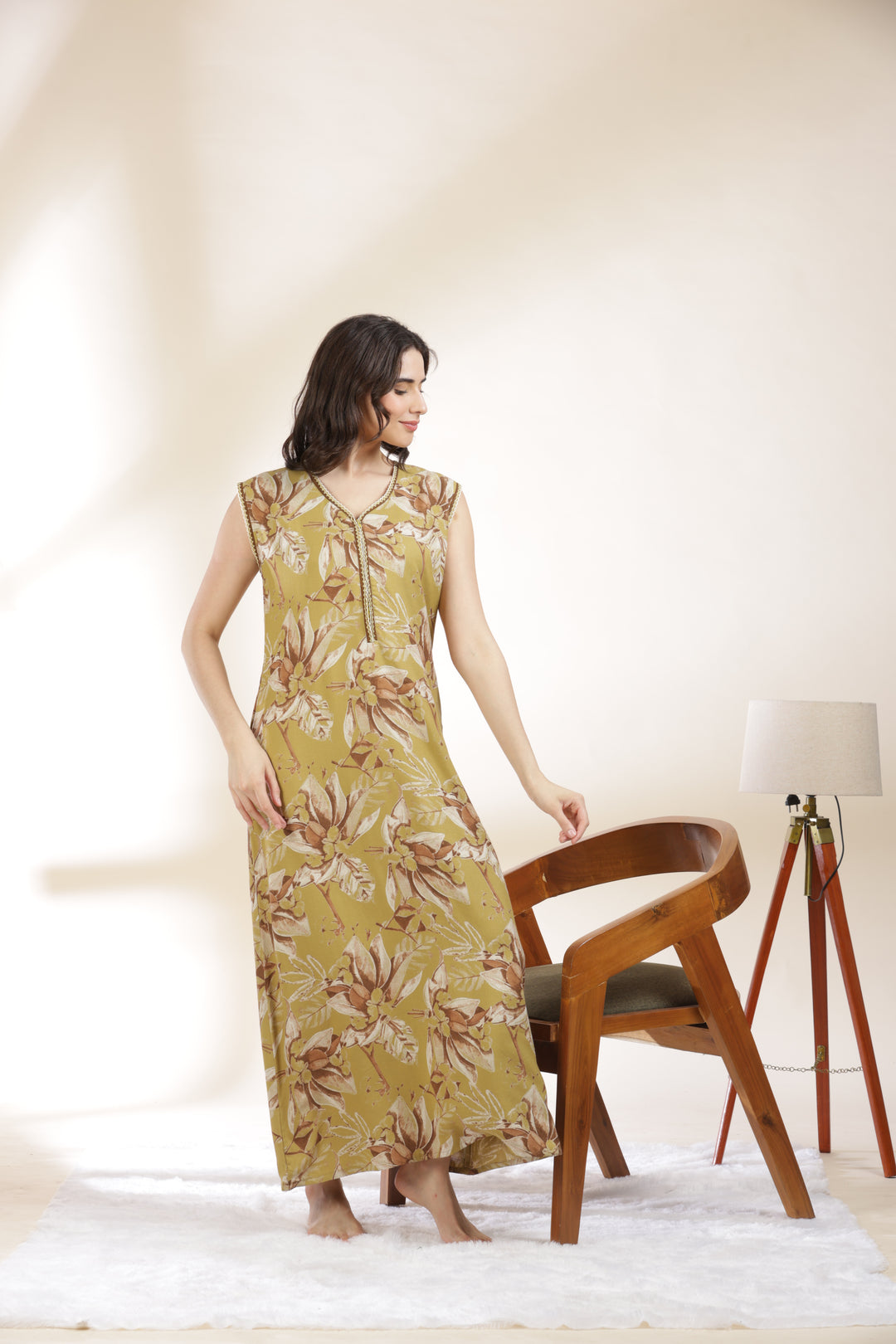 Blush Yellow Branded Sleeveless Nighty for Women