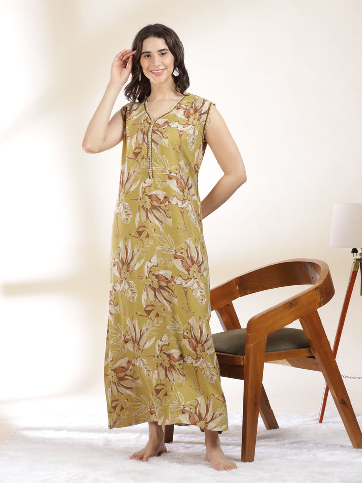 Blush Yellow Branded Sleeveless Nighty for Women
