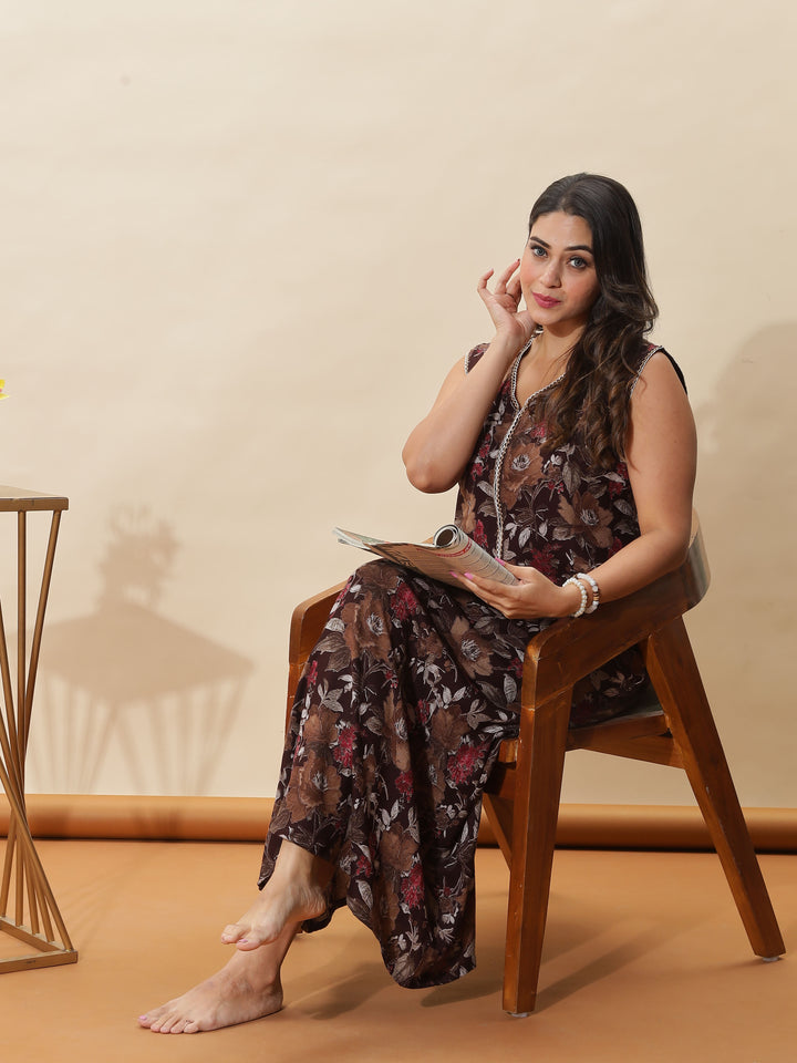 Brown Floral Sleeveless Night Dress for Women