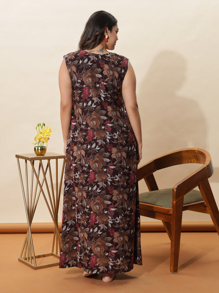 Brown Floral Sleeveless Night Dress for Women