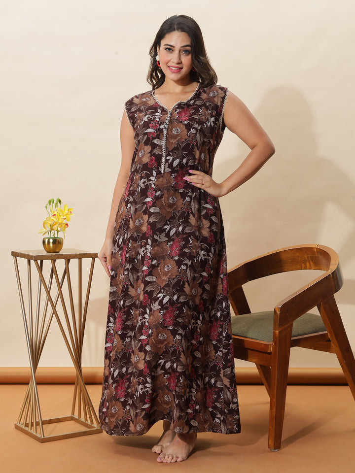 Brown Floral Sleeveless Night Dress for Women