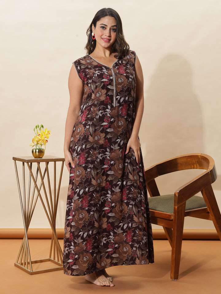 Brown Floral Sleeveless Night Dress for Women