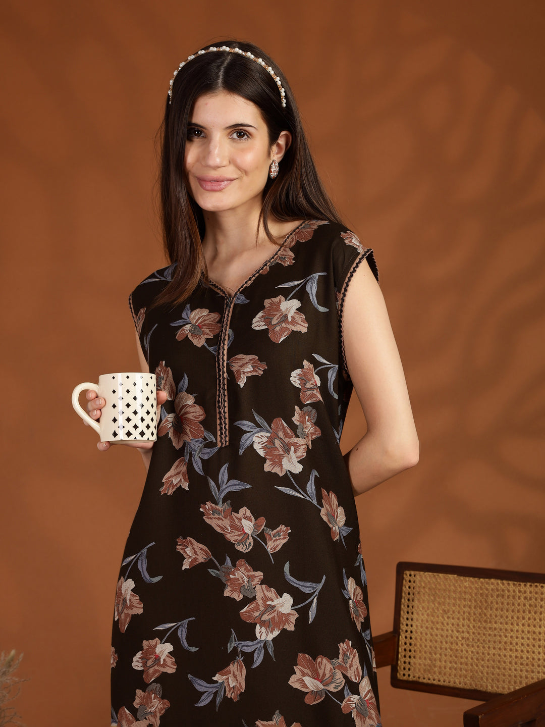 Brown Floral Branded Sleeveless Nighty with Zip Closure