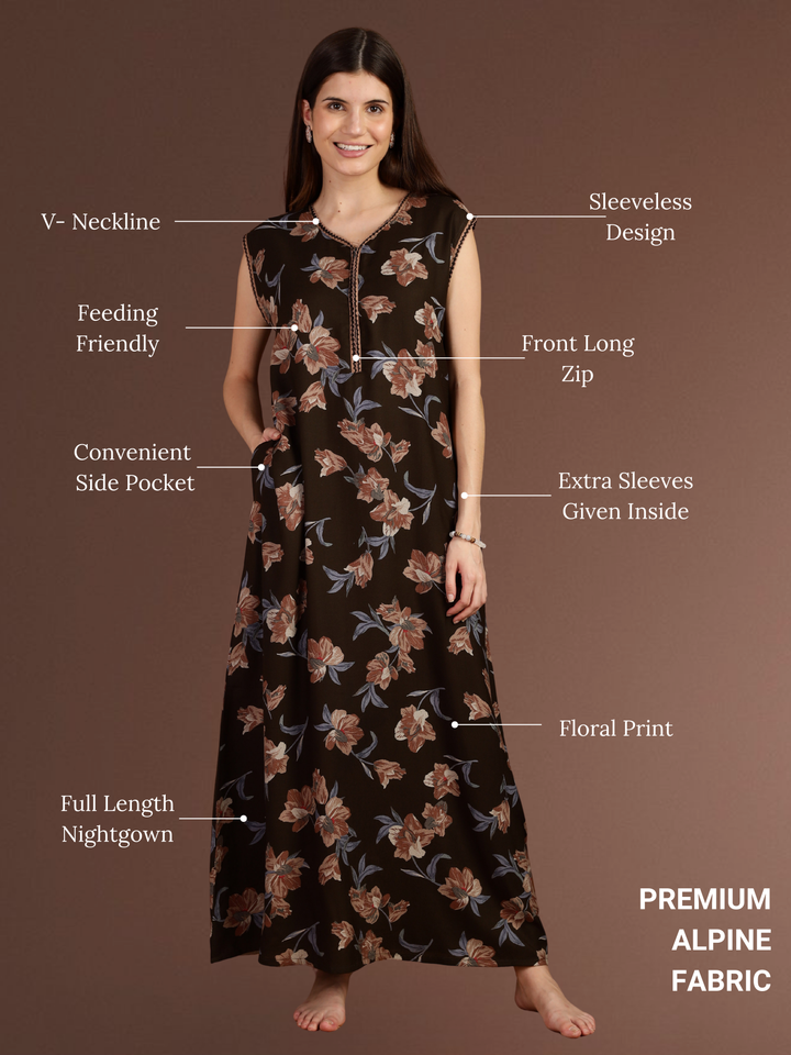Brown Floral Branded Sleeveless Nighty with Zip Closure