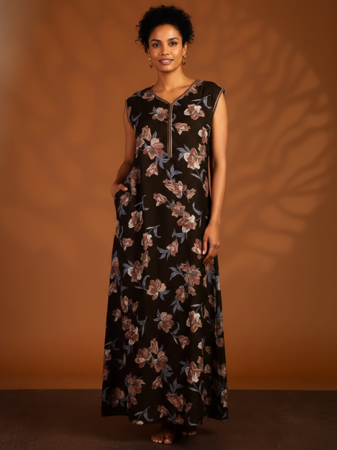 Brown Floral Branded Sleeveless Nighty with Zip Closure