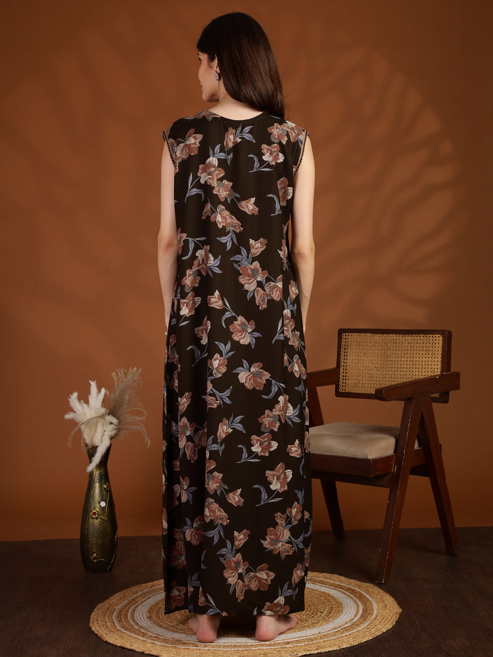 Brown Floral Branded Sleeveless Nighty with Zip Closure