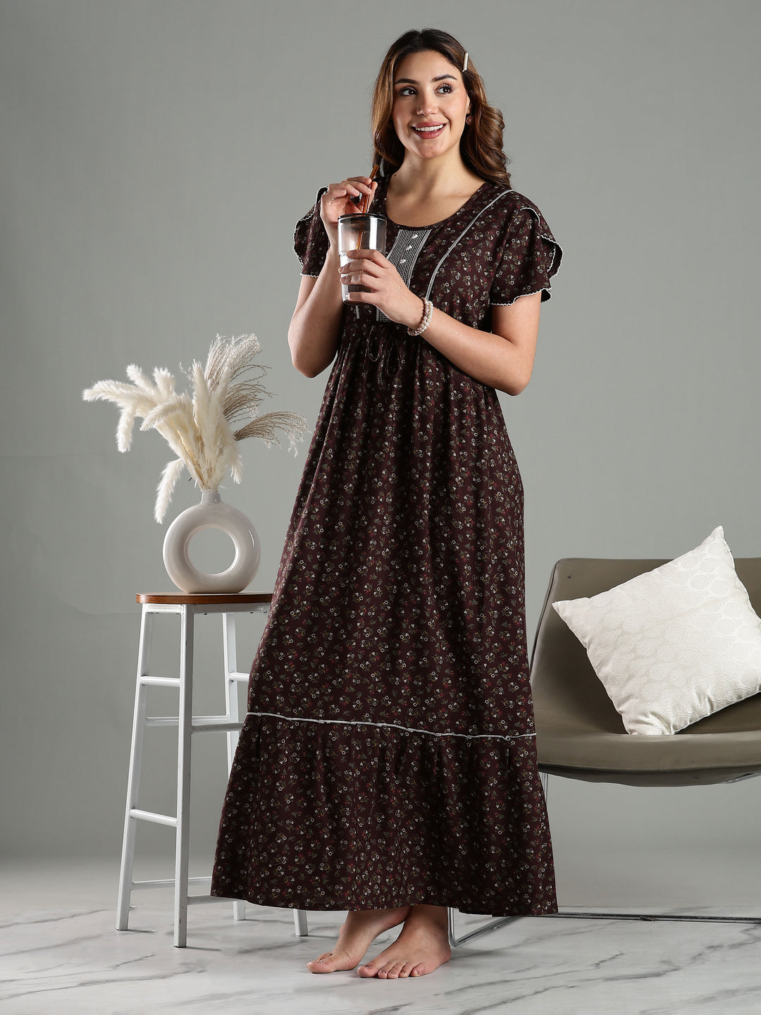Coffee Brown Frock Type Nighty for Women