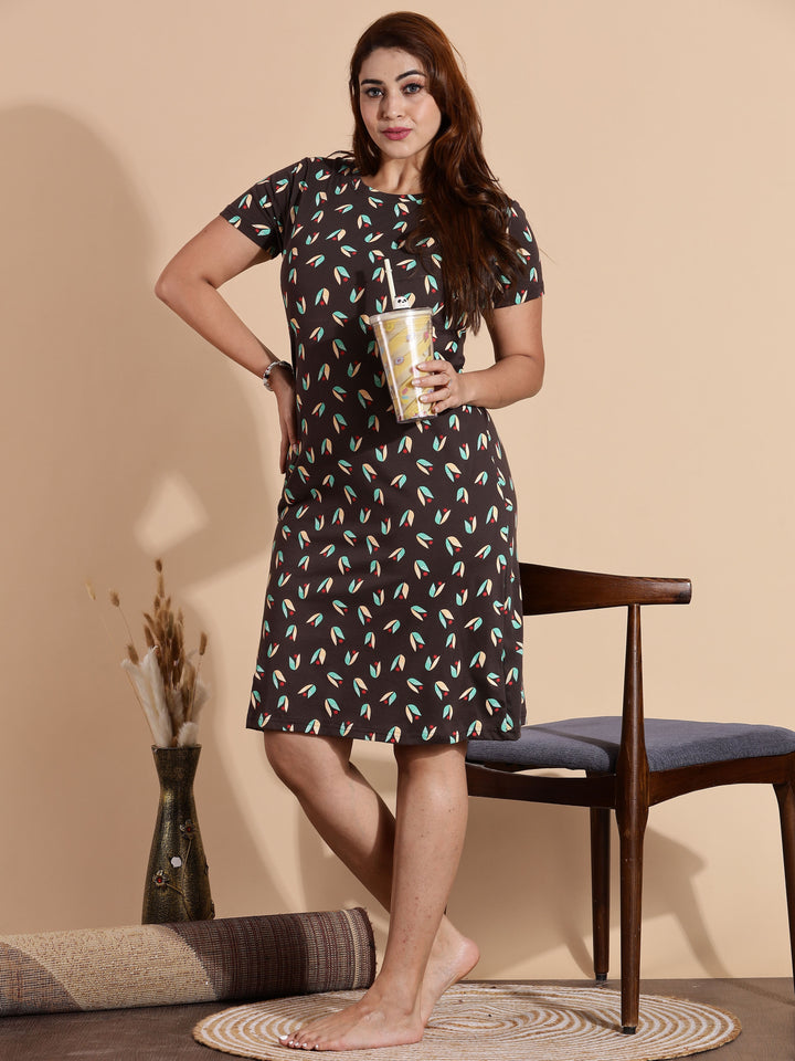 Leaf Brown Printed Knee Length Nightdress for Women
