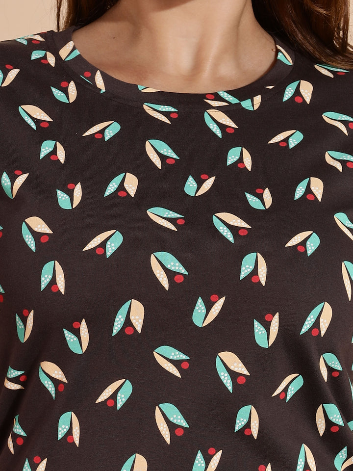Leaf Brown Printed Knee Length Nightdress for Women