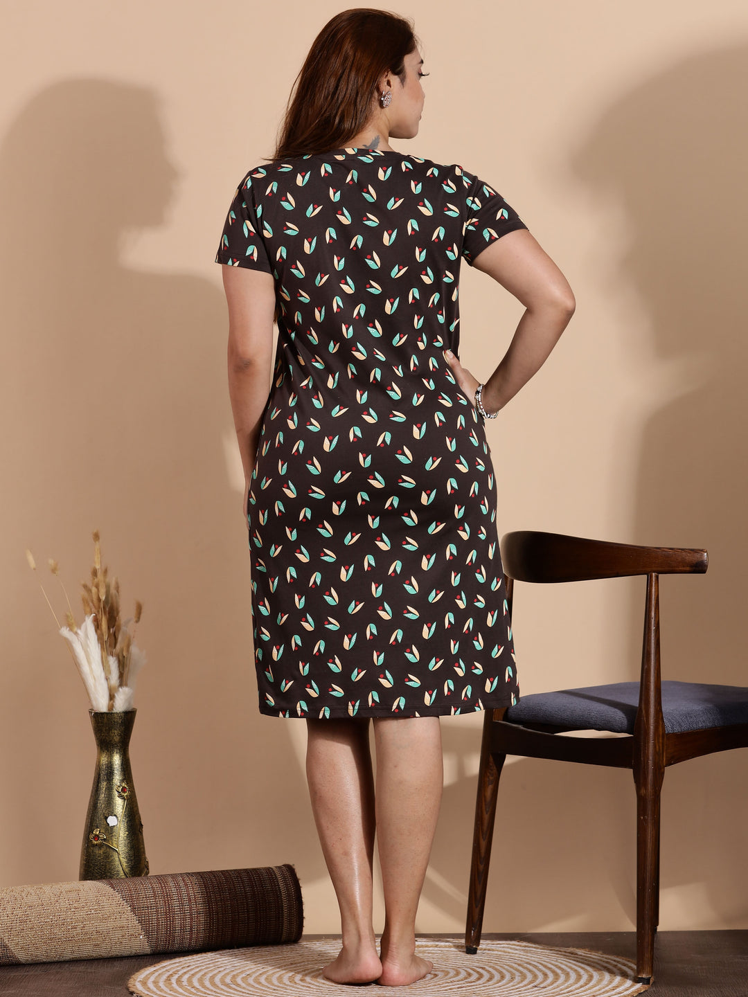 Leaf Brown Printed Knee Length Nightdress for Women