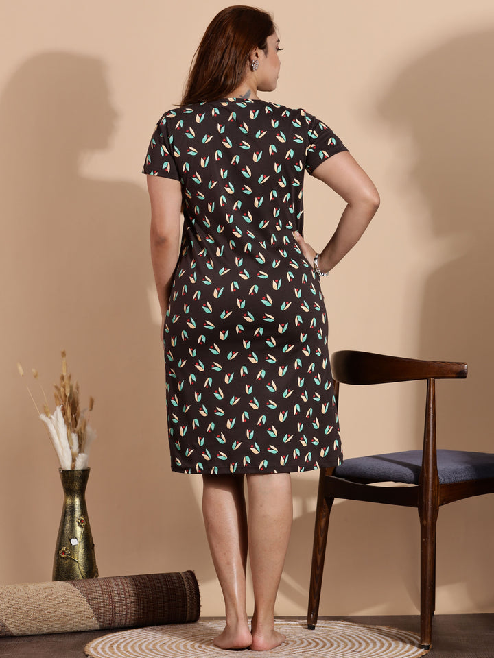 Leaf Brown Printed Knee Length Nightdress for Women