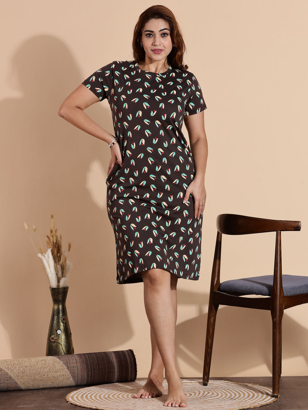 Leaf Brown Printed Knee Length Nightdress for Women