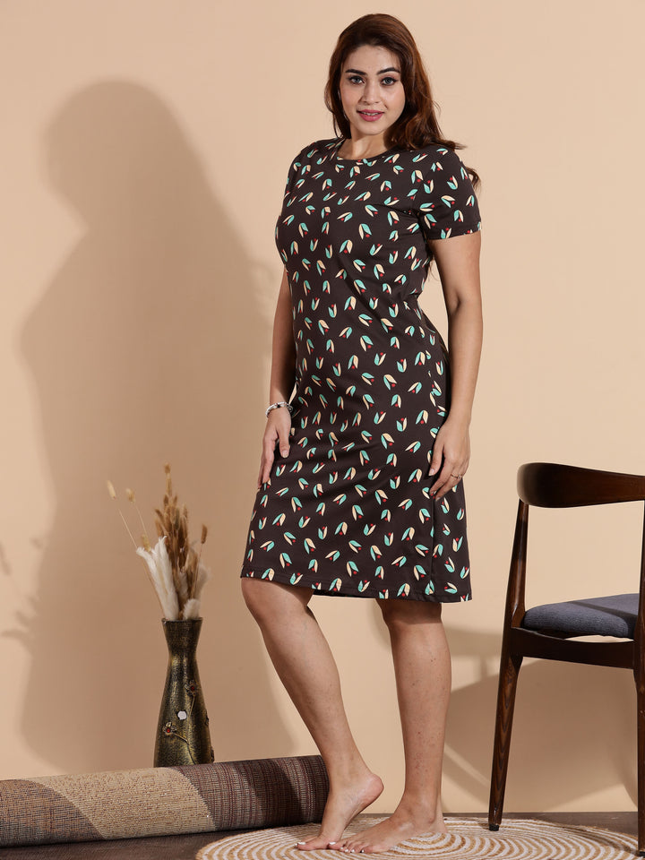 Leaf Brown Printed Knee Length Nightdress for Women
