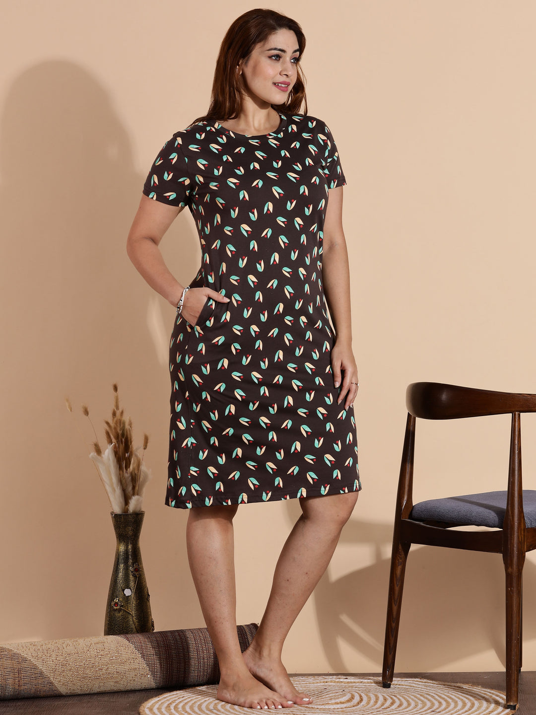 Leaf Brown Printed Knee Length Nightdress for Women