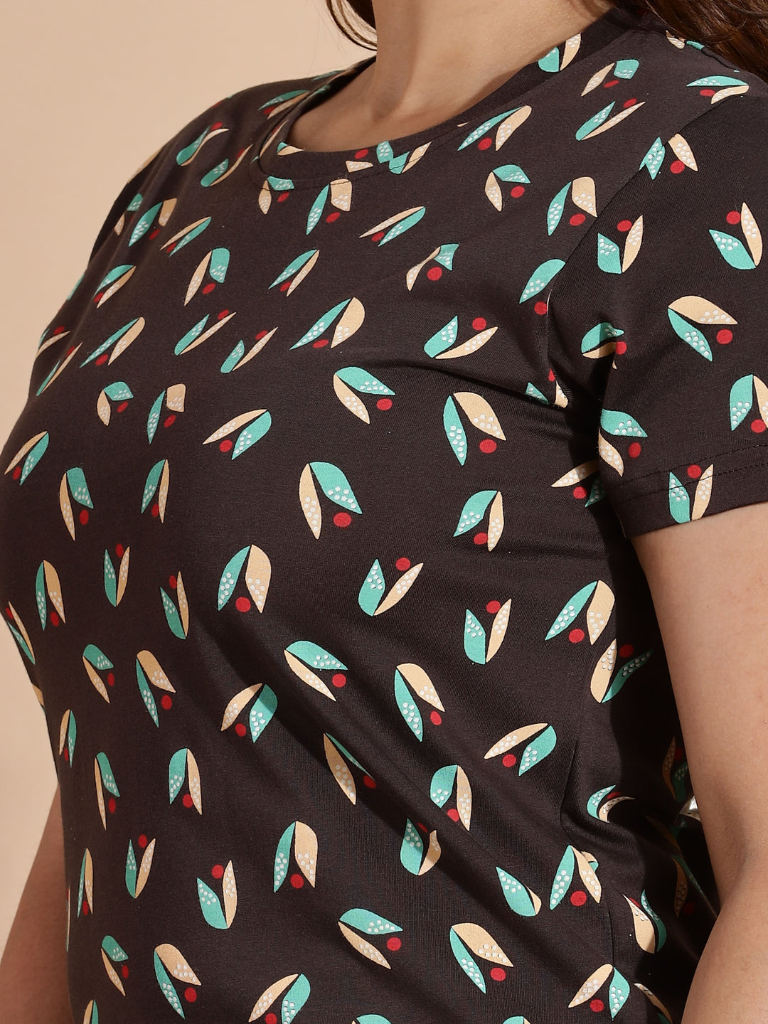 Leaf Brown Printed Knee Length Nightdress for Women