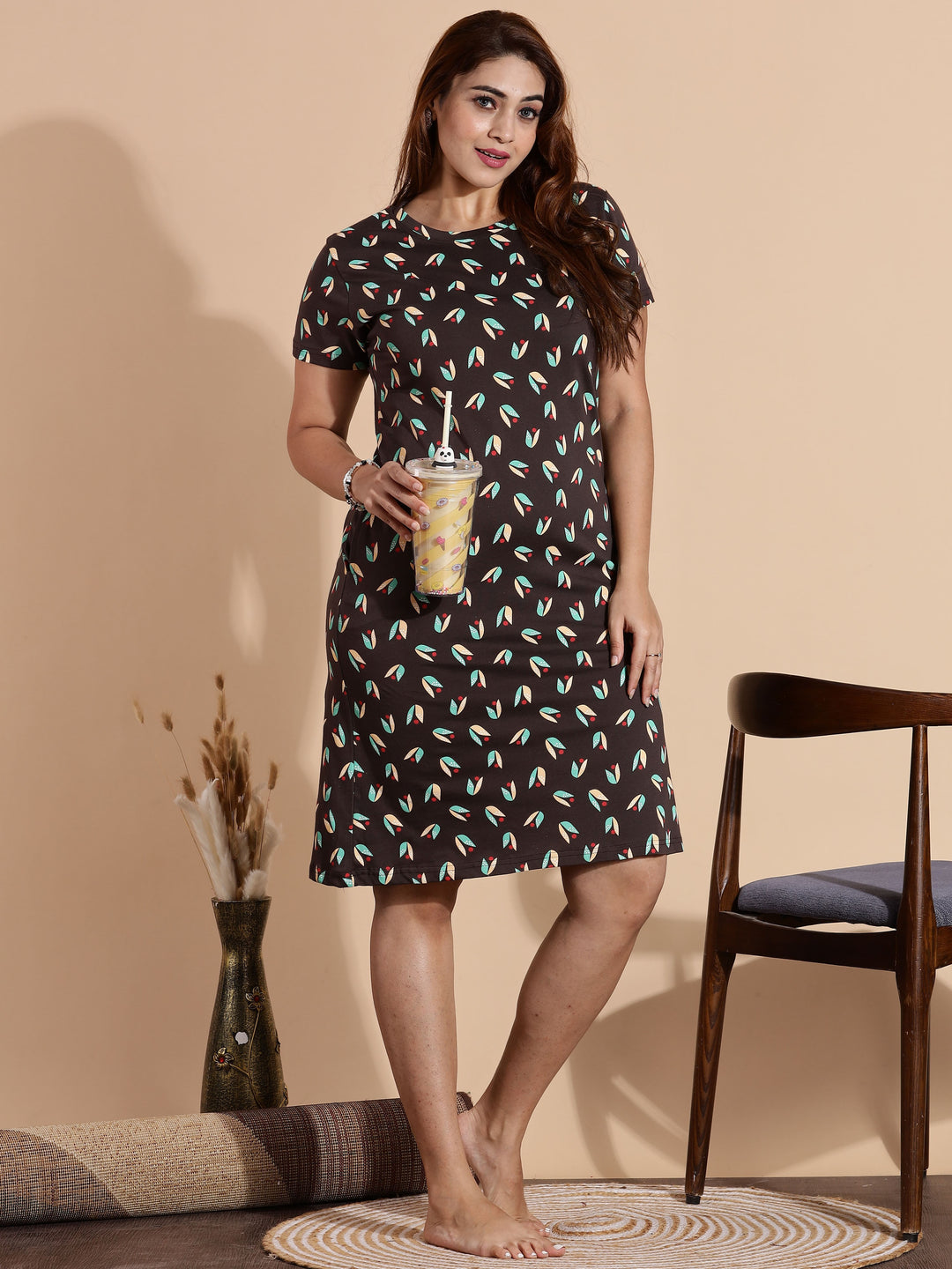 Leaf Brown Printed Knee Length Nightdress for Women