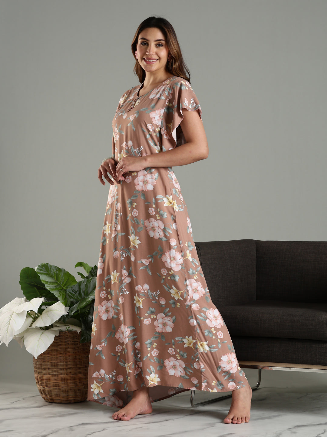 Classy Brown Rayon Frock Nighty For Women with Side Pocket