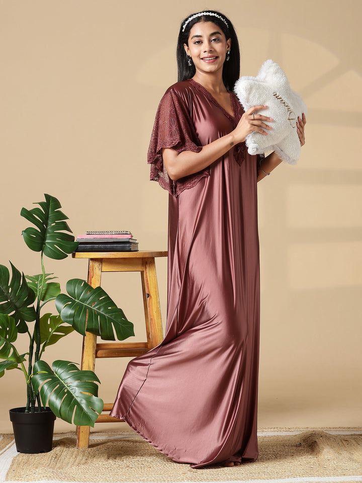 Brown Sugar Satin Night Dress For Women with Designer Lace