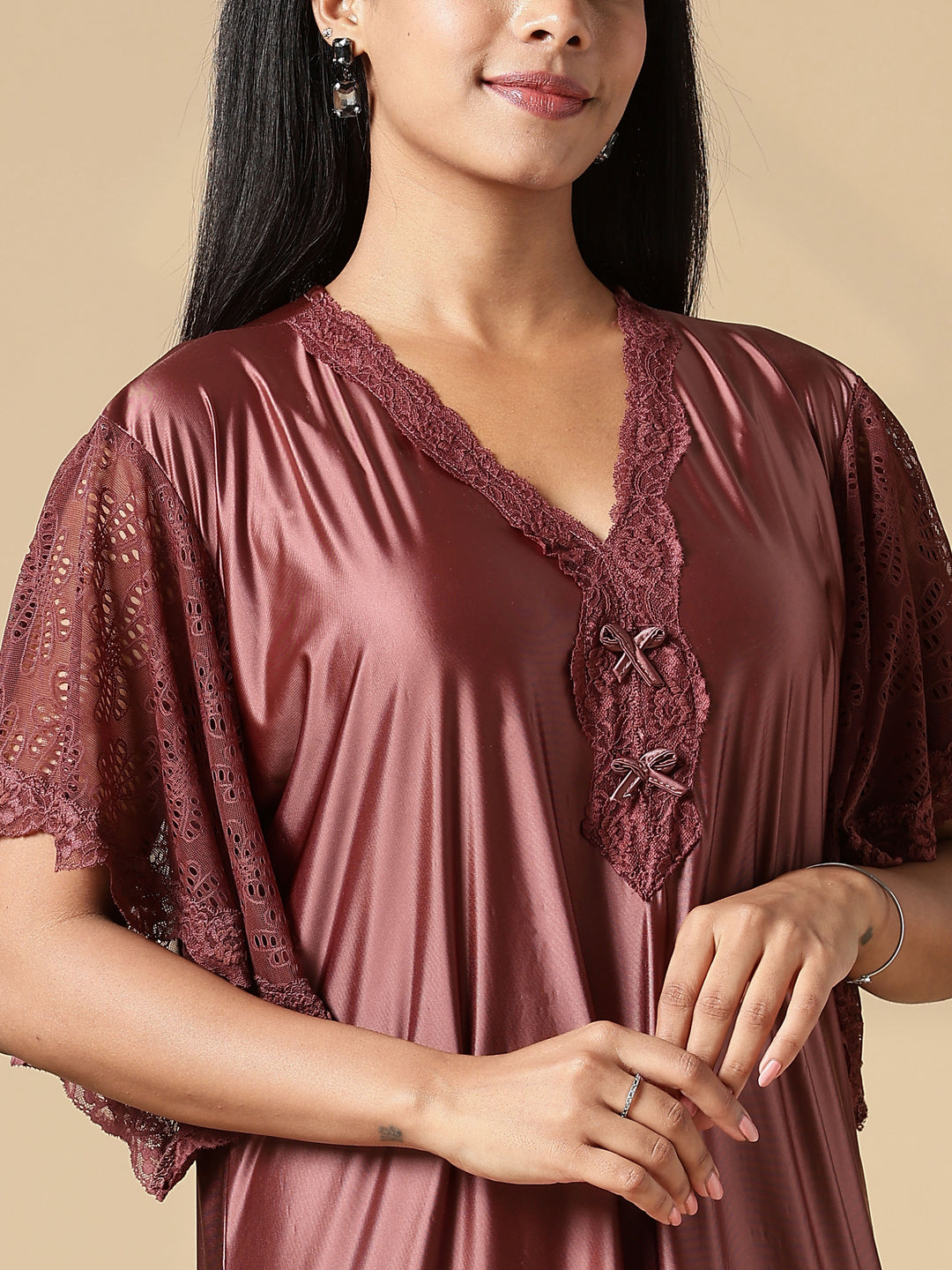 Brown Sugar Satin Night Dress For Women with Designer Lace