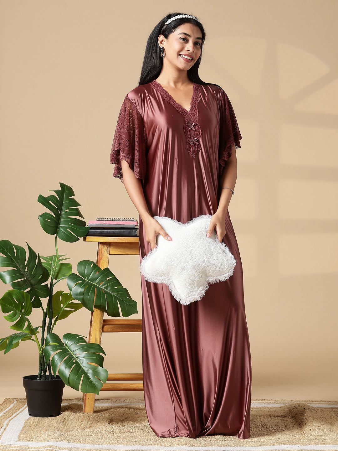 Brown Sugar Satin Night Dress For Women with Designer Lace