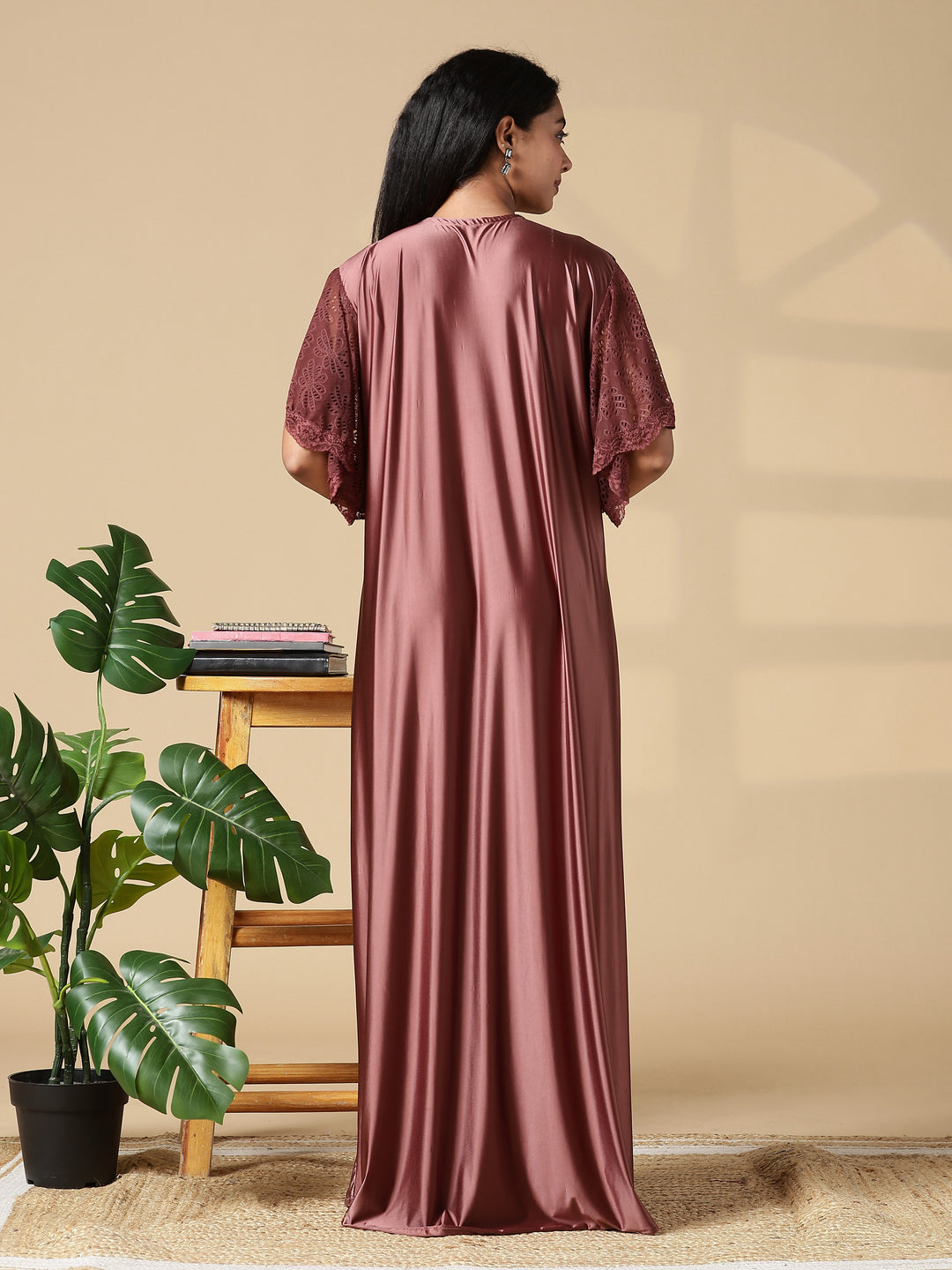 Brown Sugar Satin Night Dress For Women with Designer Lace