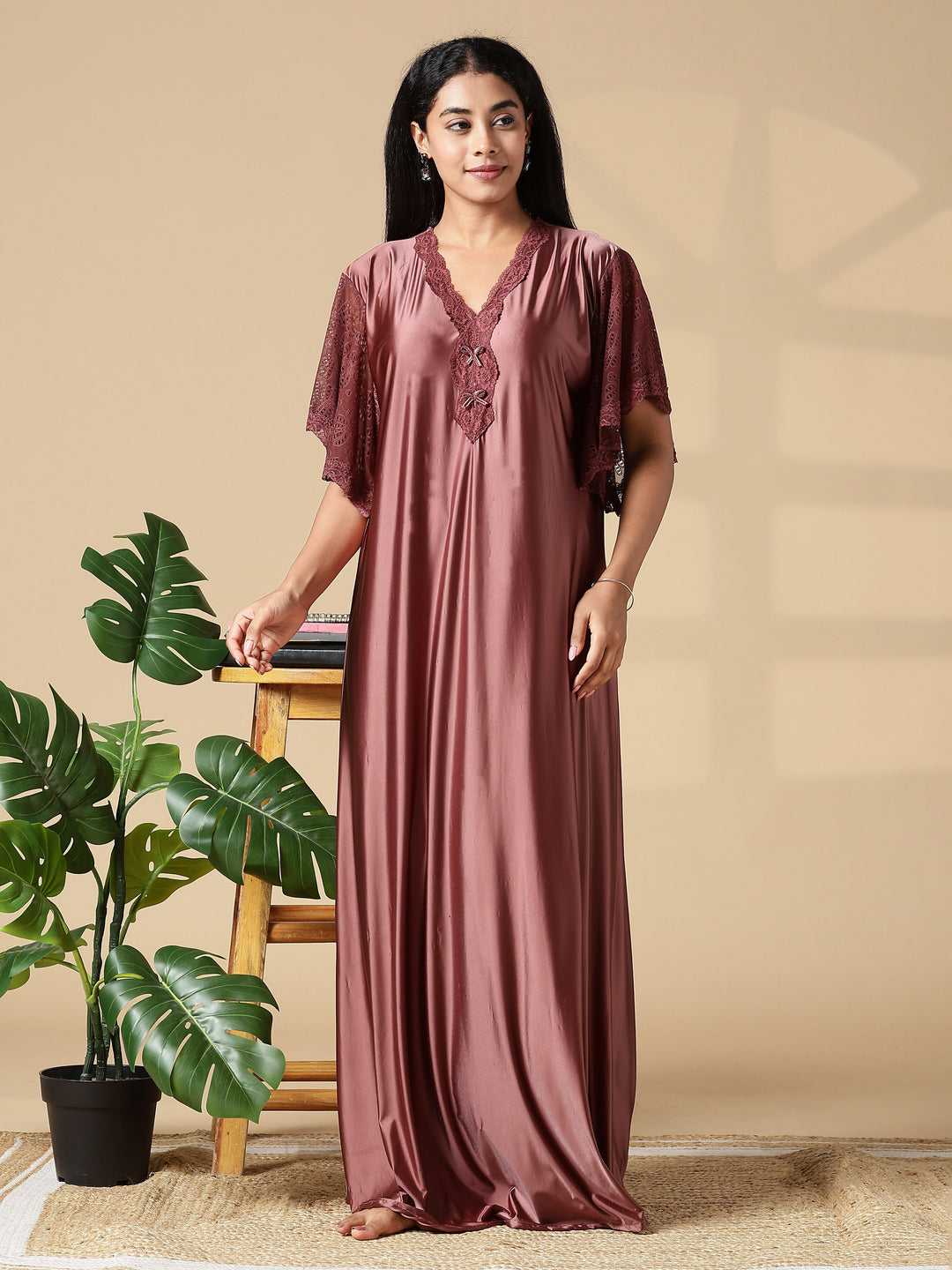 Brown Sugar Satin Night Dress For Women with Designer Lace