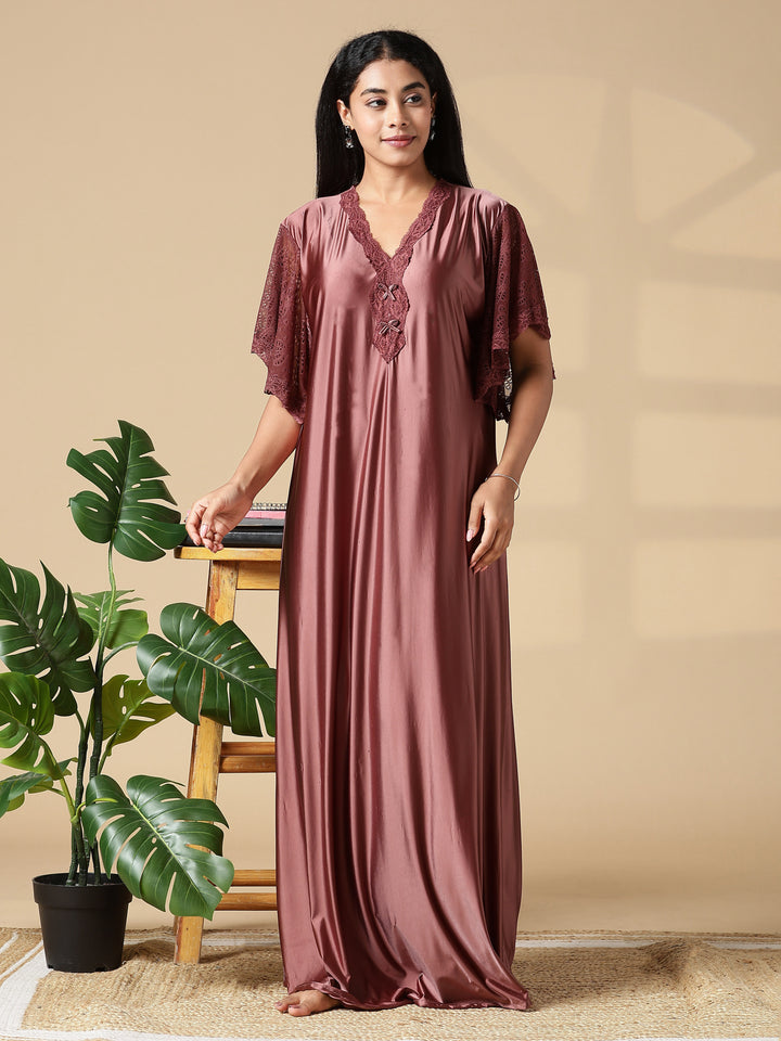 Brown Sugar Satin Night Dress For Women with Designer Lace
