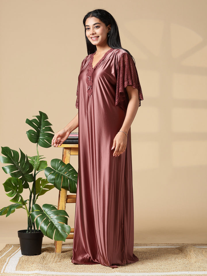 Brown Sugar Satin Night Dress For Women with Designer Lace