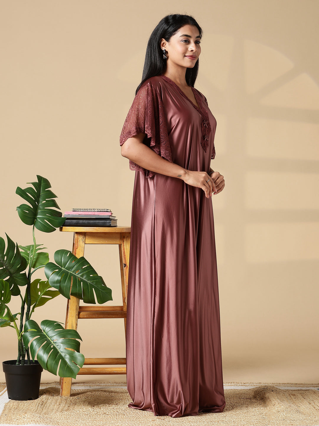 Brown Sugar Satin Night Dress For Women with Designer Lace