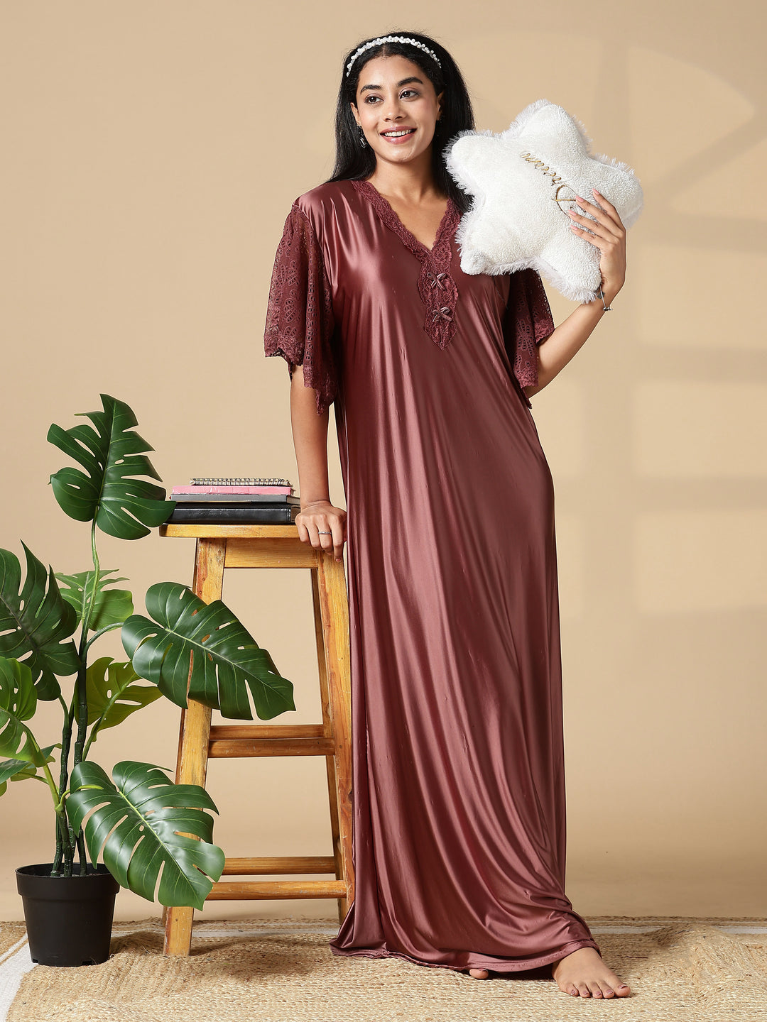 Brown Sugar Satin Night Dress For Women with Designer Lace