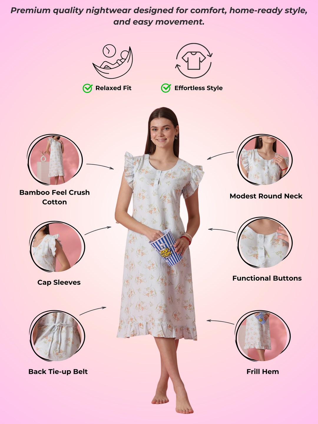 Bamboo Feel Crush Cotton Nightdress with Tie Up Waist in Dreamy Blue