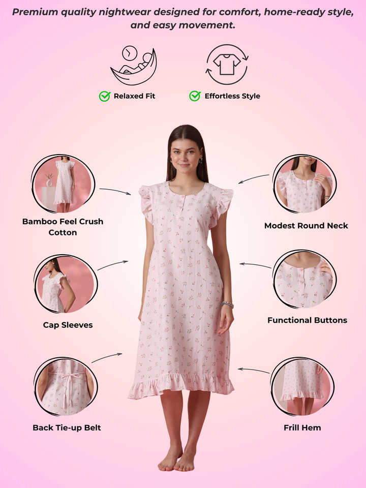 Floral Crush Cotton Short Cute Nighty for Women in Pastel Pink