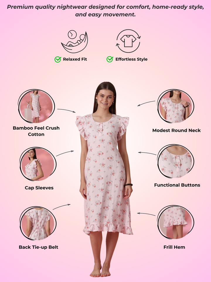 Rose Motif Crush Cotton Nightdress for Women in Rosy Pink