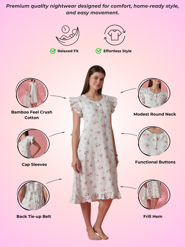 Adjustable Tie Up Waist Floral Nightdress for Women in Rosy Sage