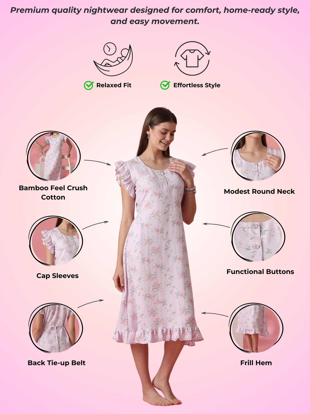 Floral Bamboo Feel Nightdress with Frill Cap Sleeves and Pocket